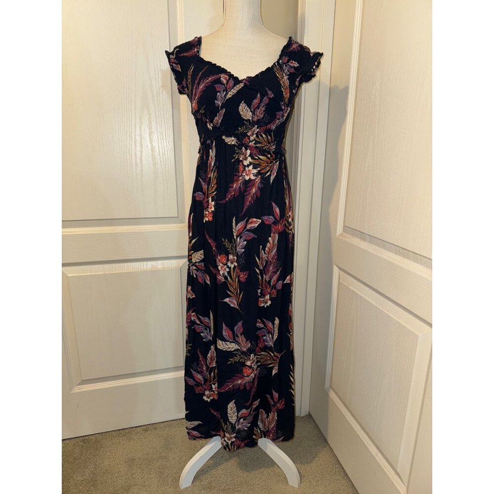 Women's Maxi Dress Size XS Fit Flare V Neck Navy Tropical‎ Flowers Off Shoulder